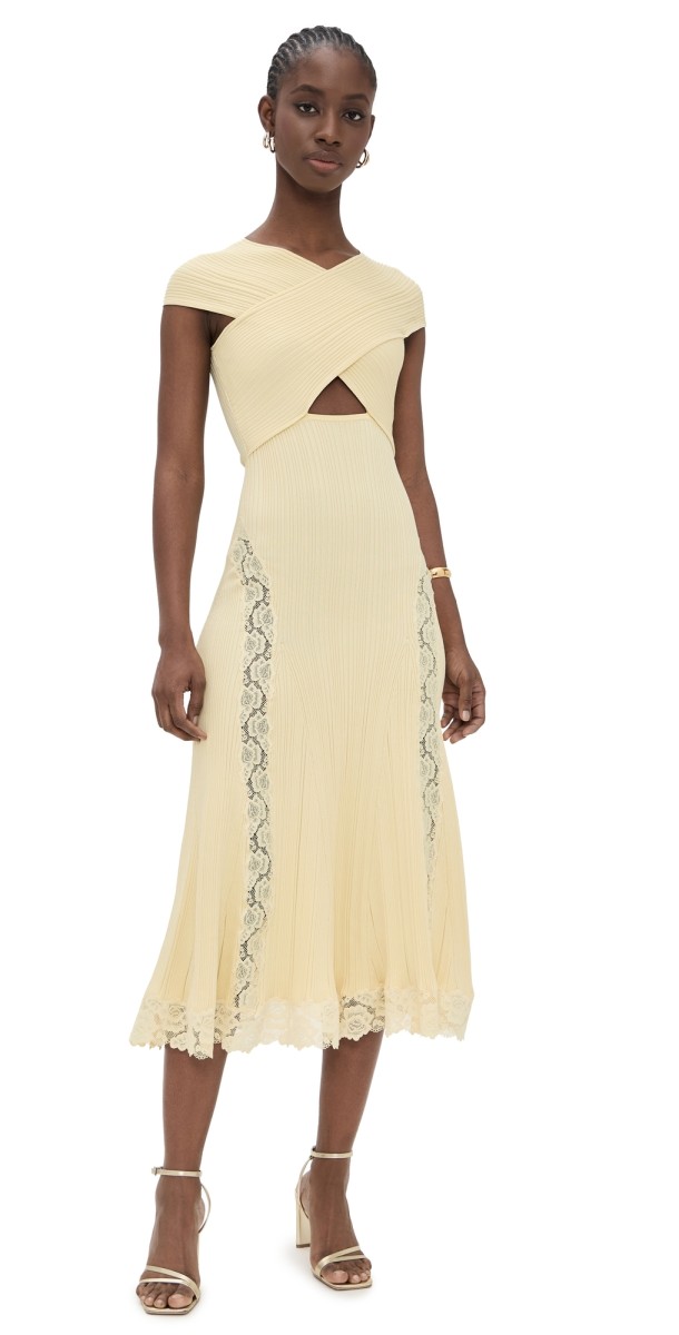 Self Portrait Knit Lace Insert Midi Dress Yellow