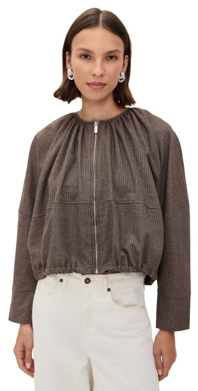 MEIMEIJ Zip Up Collarless Blouson Prince Of Wales Sigaro