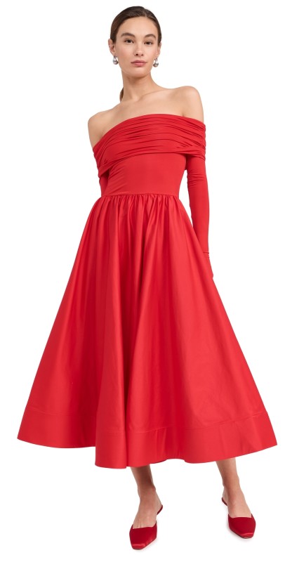 alice + olivia Arcana Off The Shoulder Flared Midi Dress Bright Ruby