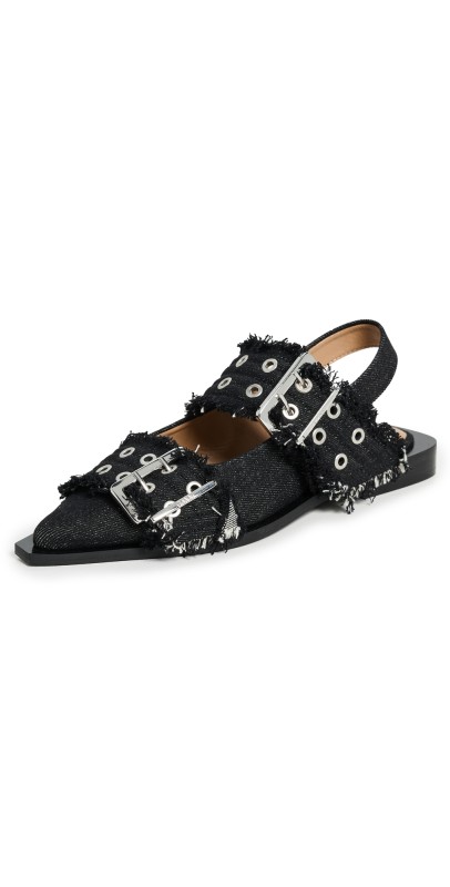 GANNI Buckle Denim Ballerina Flats Black
