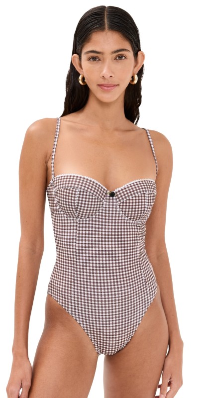 STAUD Maeve One Piece Dark Chocolate Micro Check