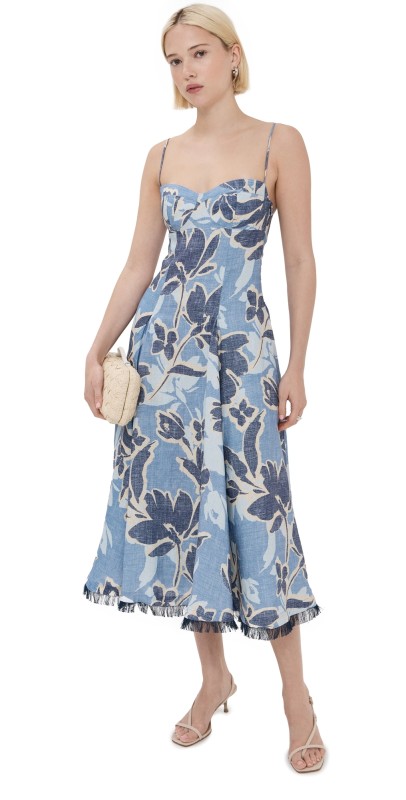 SIMKHAI Analise Bustier Midi Dress Blue Hydrangea Floral