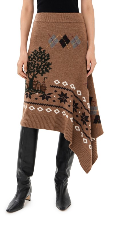 Monse Mixed Fair Isle Midi Skirt Khaki