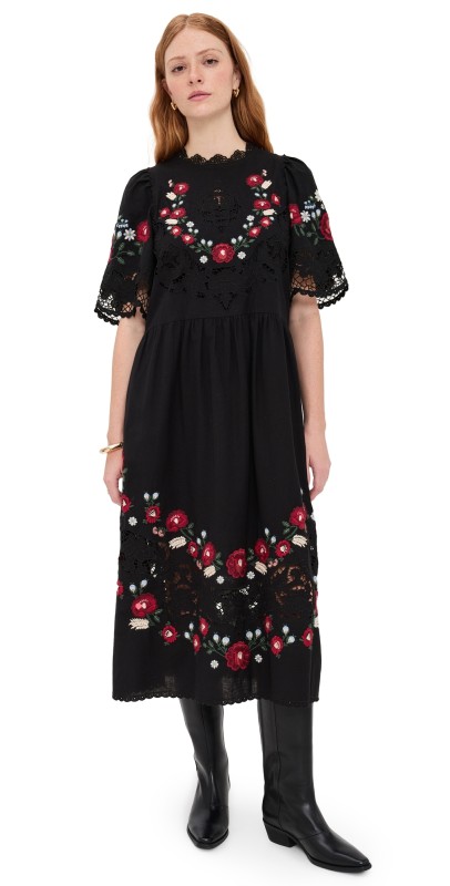 Sea Rosaline Embroidery Midi Dress Black
