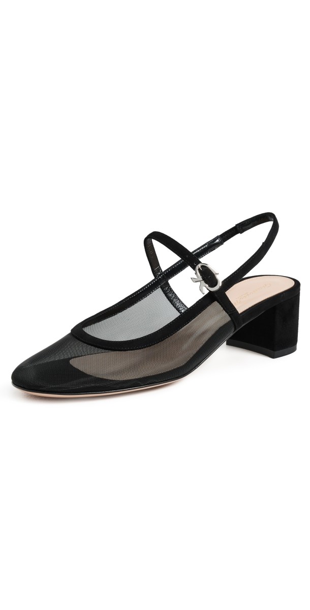 Gianvito Rossi Francoise Rete Suede Trim Camoscio Heels Black+Black