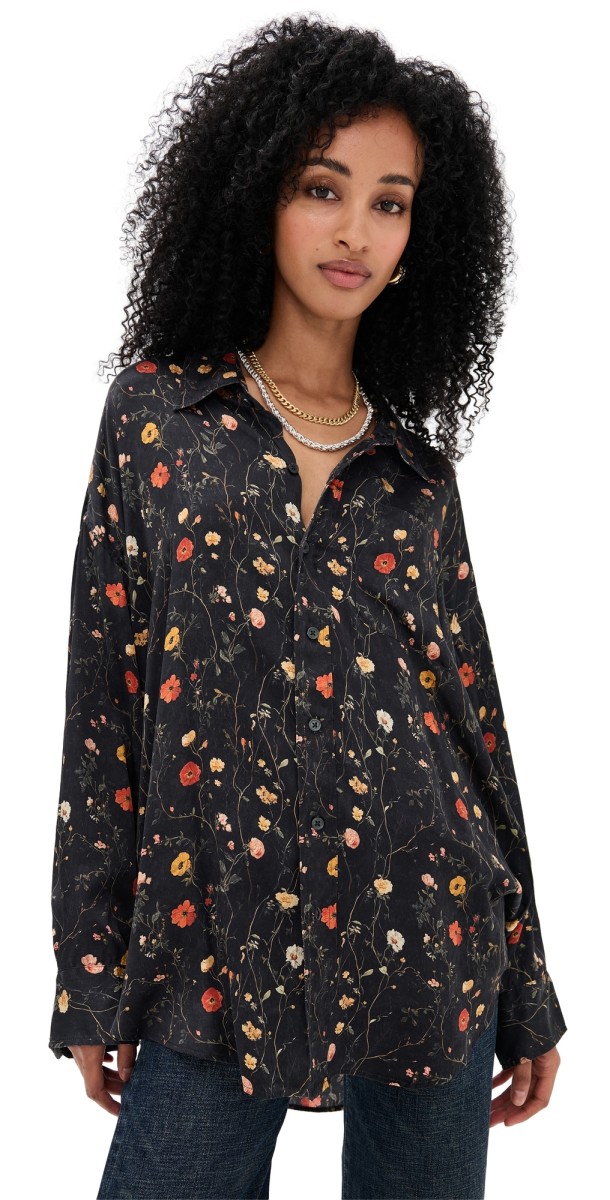 R13 Silk Drop Neck Shirt Floral On Black
