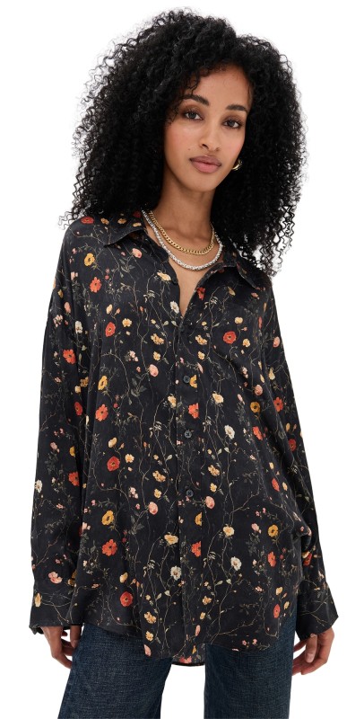 R13 Silk Drop Neck Shirt Floral On Black