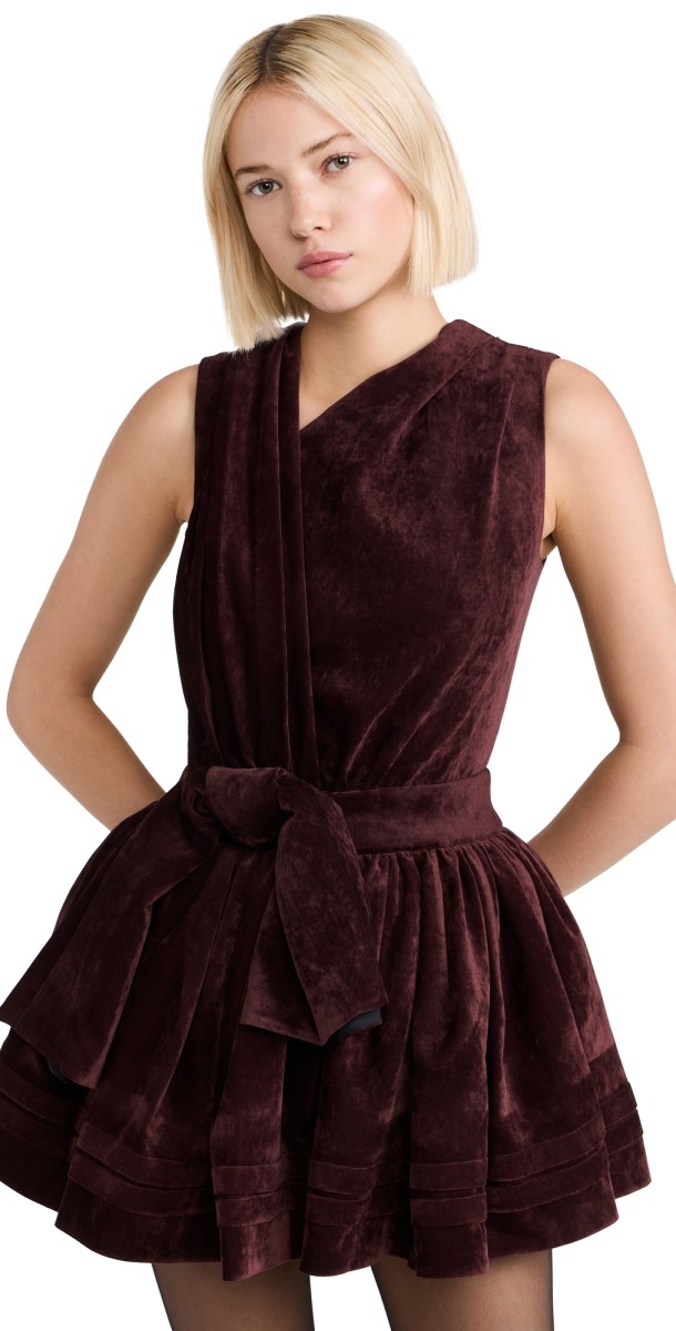 SHUSHU/TONG Tuck-Edge Sloping Neckline Velvet Dress Red Brown