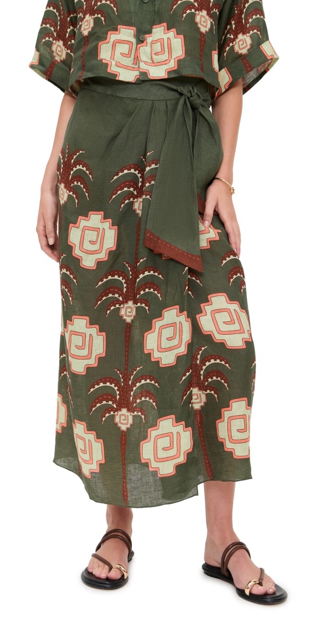 Johanna Ortiz Green Amazon Echoes Wrap Skirt Green/Chocolate/Pink