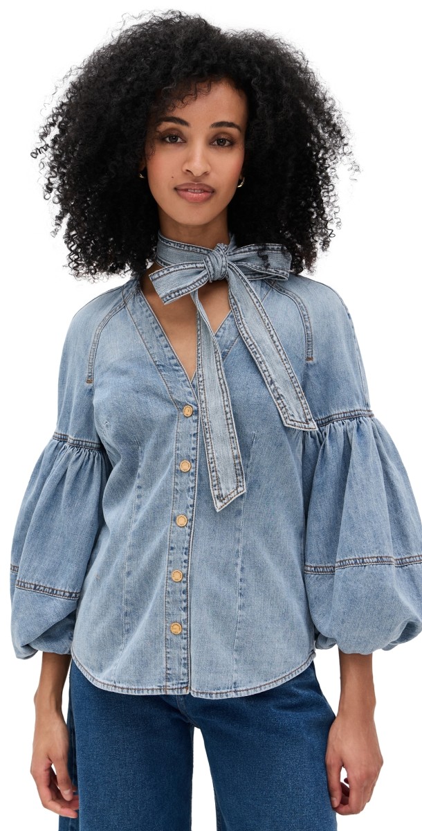Zimmermann Illuminate Tied Denim Blouse Sea Foam