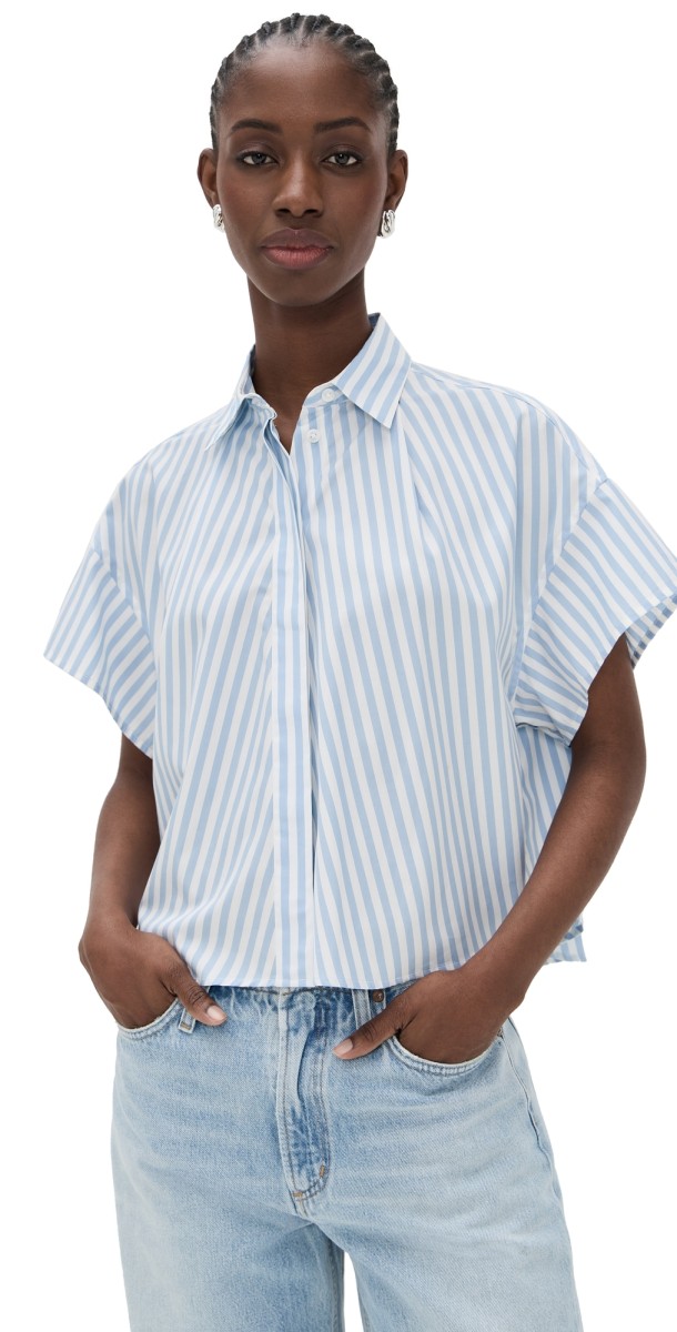 rag & bone Martha Short Sleeve Stripe Poplin Shirt Light Blue Stripe