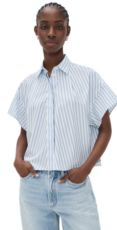 rag & bone Martha Short Sleeve Stripe Poplin Shirt Light Blue Stripe