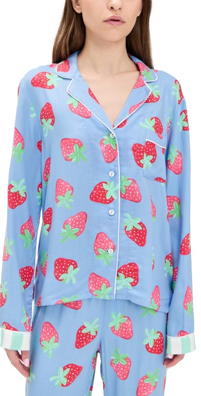 PJ Salvage Strawberry Long Sleeve Pajama Top Bright Blue