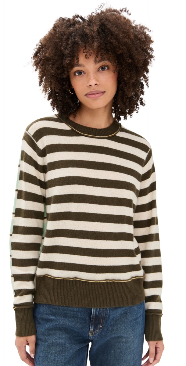 White + Warren Cashmere Mixed Stripe Crew Sweater Green Combo