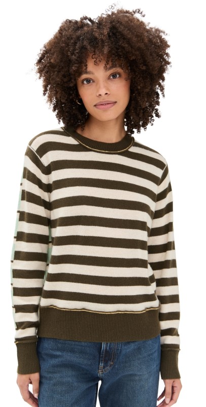 White + Warren Cashmere Mixed Stripe Crew Sweater Green Combo