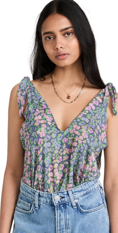 Free People Bare It All Thong Bodysuit Chambray Combo