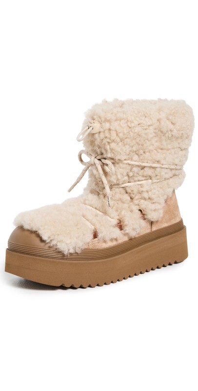Tory Burch Mellow Shearling Lace Up Boots Buttermilk/Light Chestnut