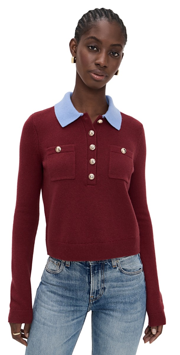 Self Portrait Burgundy Contrast Collar Knit Top Red