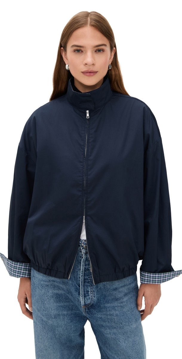Pixie Market Plaid Contrast Bomber Jacket Navy