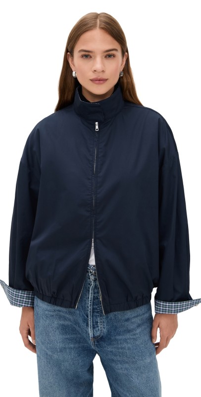 Pixie Market Plaid Contrast Bomber Jacket Navy