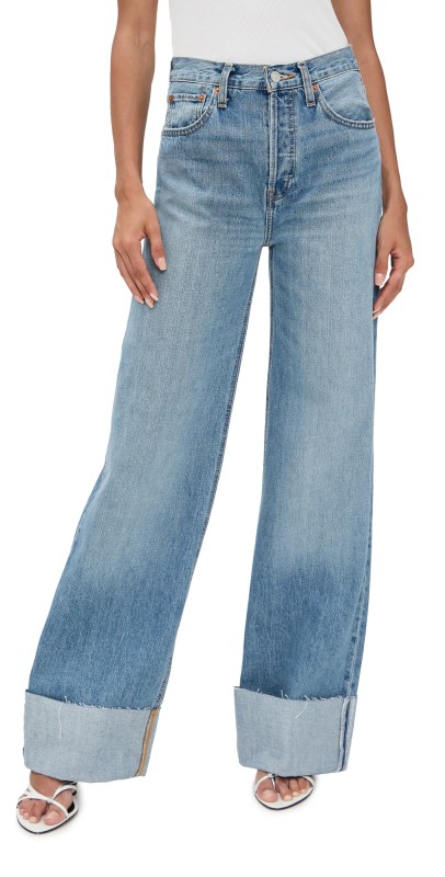 RE/DONE High Rise Wide Leg Cuff Jeans Vintage Biker Blue
