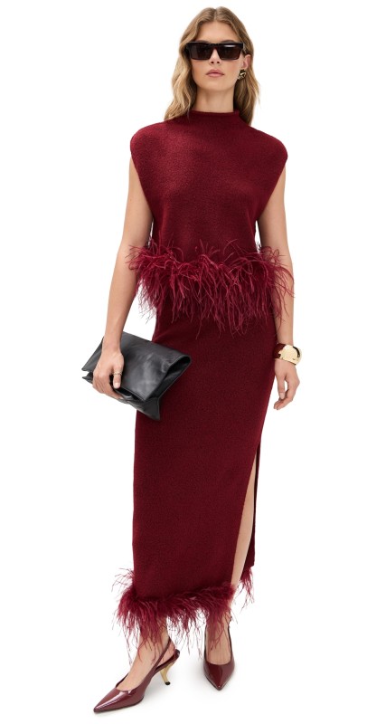 Saylor Kelsei Feather Knit Midi Skirt Set Wine
