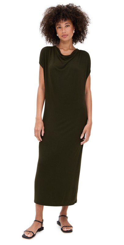 Vince Cap Sleeve Draped Cowl Neck Dress Verde