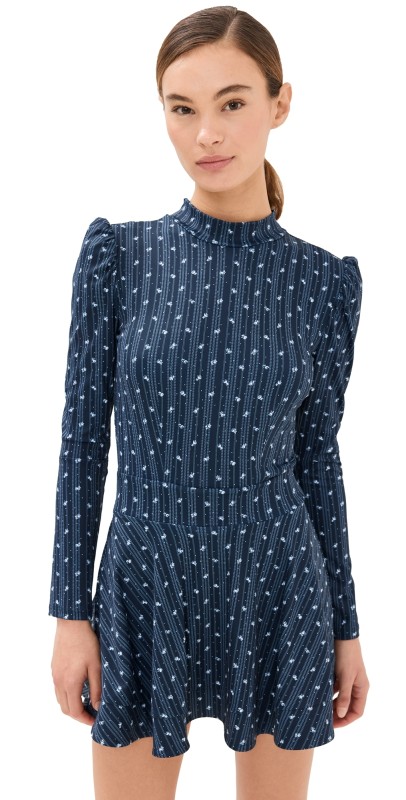 Byrdie Golf Social Wear Long Sleeve Montauk Mini Dress Navy/White Floral