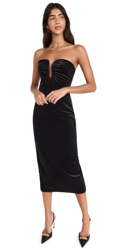 Self Portrait Black Velvet Strapless Midi Dress Black