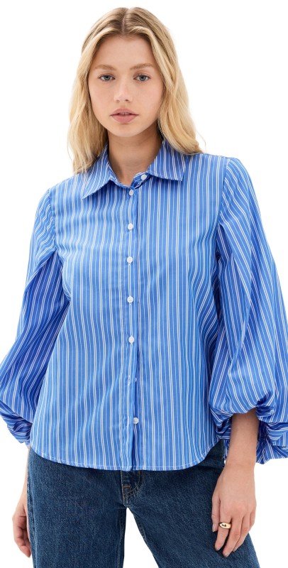 Tanya Taylor Marina Stripe Top Cerulean Blue/Cream Multi