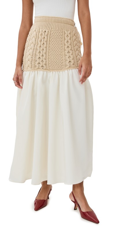 Lingua Franca Mekas Knit Combo Drop Waist Skirt Ivory