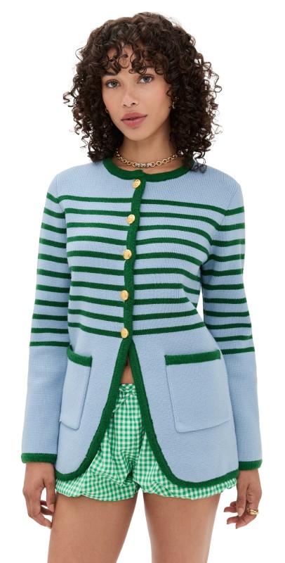 English Factory Knit Striped Sweater Cardigan Ice Blue/Green