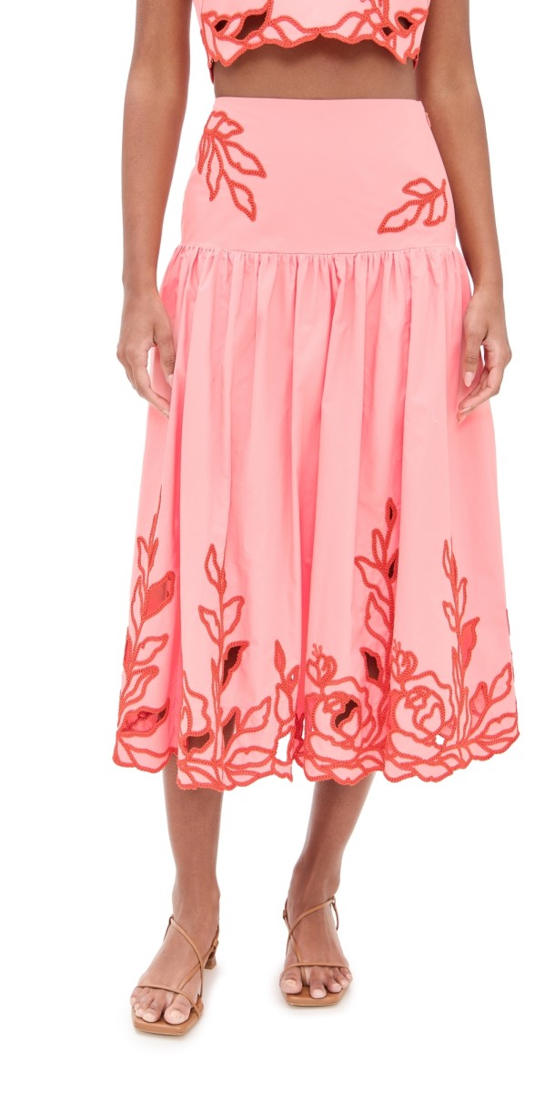 Cinq à Sept Trailing Peonies Tilda Skirt Pink Poppy/Coral Orange