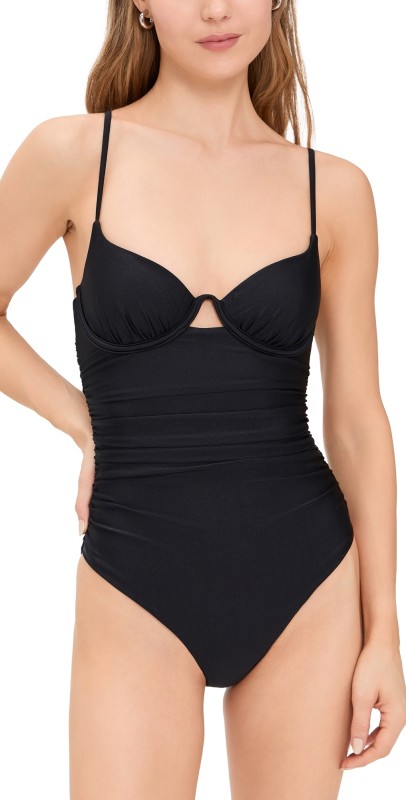 SIMKHAI Laine Draped Satin Swimwear Ruched Cup Underwire Swimsuit Black