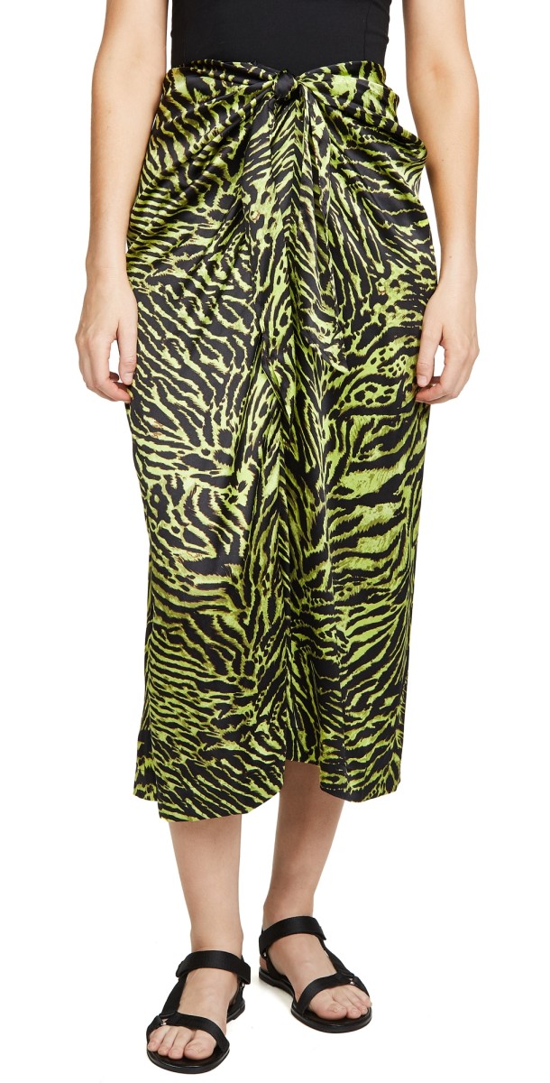 GANNI Stretch Satin Skirt Lime Tiger