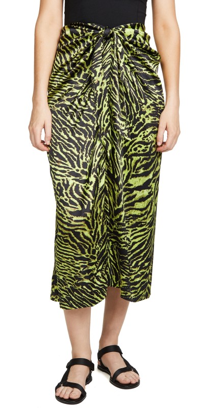GANNI Stretch Satin Skirt Lime Tiger