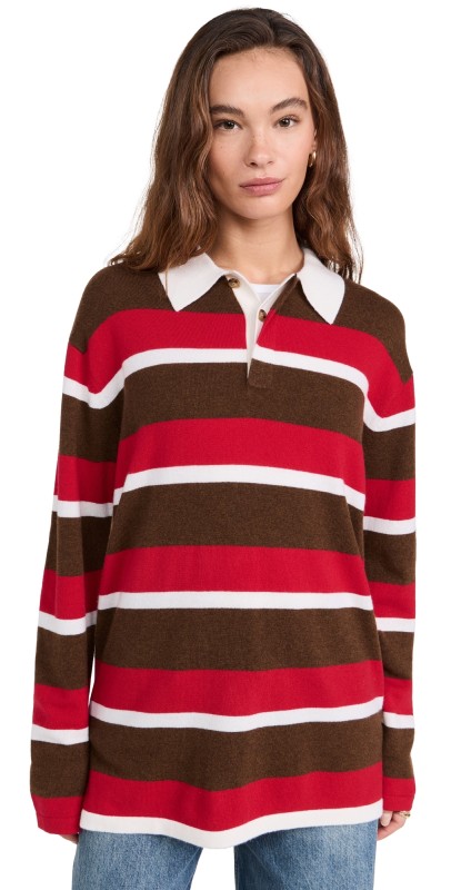 Guest in Residence Cashmere Striped Rugby Sweater Chestnut/True Red Stripe