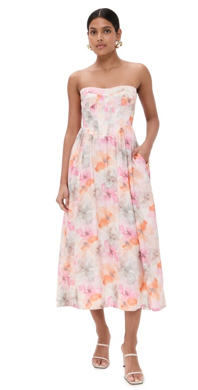 BARDOT Lola Corset Midi Dress Apricot Floral