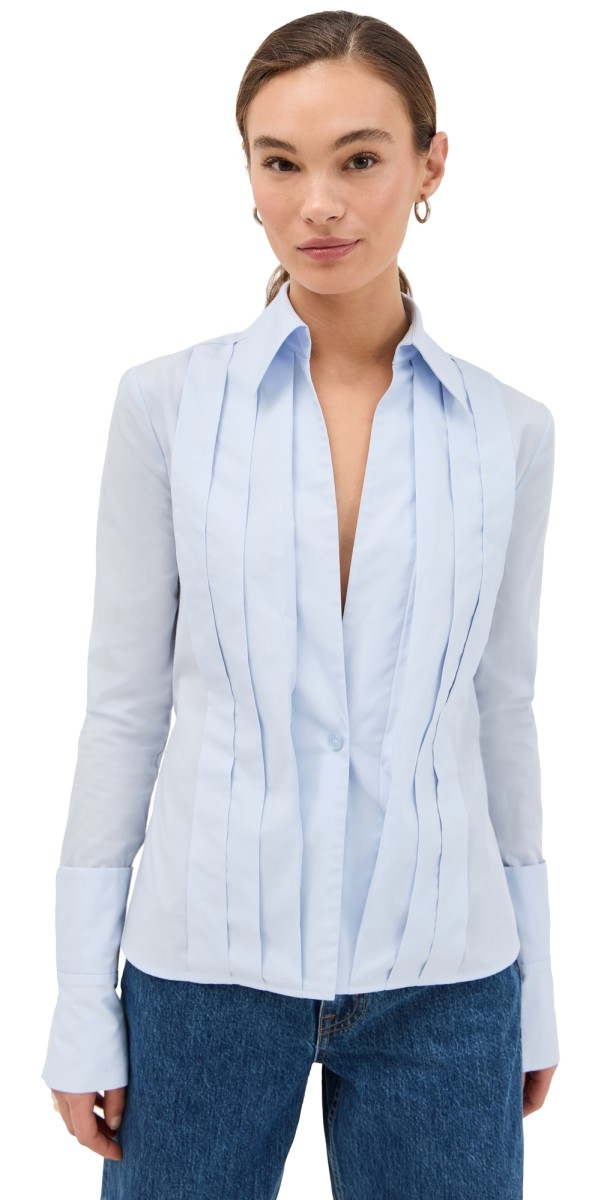 LaQuan Smith Fitted Button Down with Peplum and Pleated Shoulder with Exagerated Cuff Sky