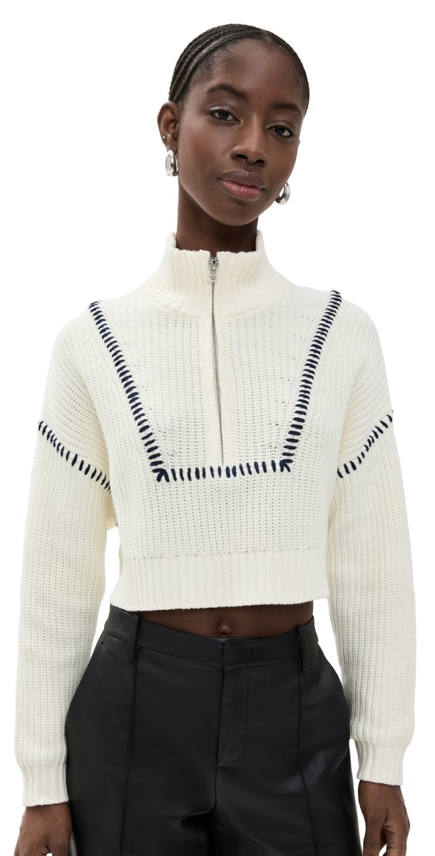 STAUD Cropped Hampton Sweater Ivory/Navy