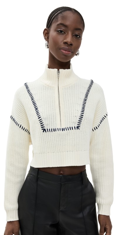 STAUD Cropped Hampton Sweater Ivory/Navy