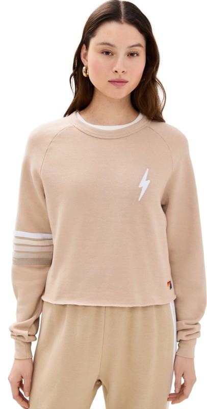 Aviator Nation Bolt Rugby Stitch Cropped Crew Sweatshirt Sand/White Grey