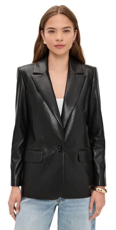 alice + olivia Denny Vegan Leather Notch Collar Blazer Black