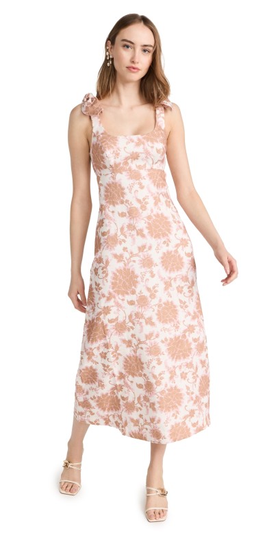 Zimmermann Tie Shoulder Midi Dress Tan Floral