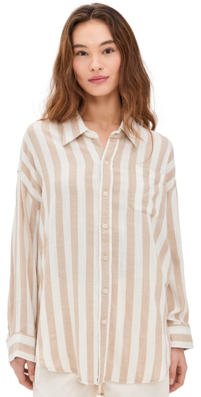 Denimist Button Front Shirt Jumbo Beige/Ecru Stripe