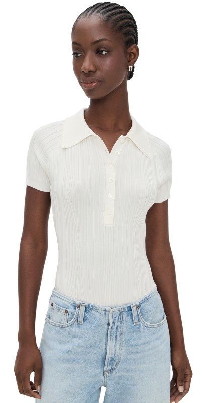 Fleur du Mal Rib Polo Thong Bodysuit Ivory