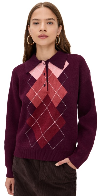 English Factory Argyle Knit Sweater Burgundy Multi