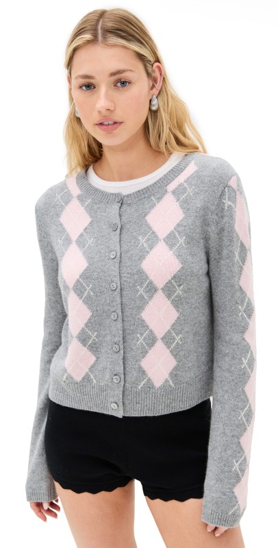 Reformation Clara Cashmere Crew Cardigan Husky Multi Argyle