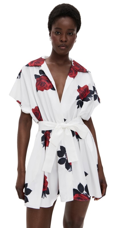 Norma Kamali Super Sleeveless Boyfriend Shirt Flared Mini Dress Rose Print