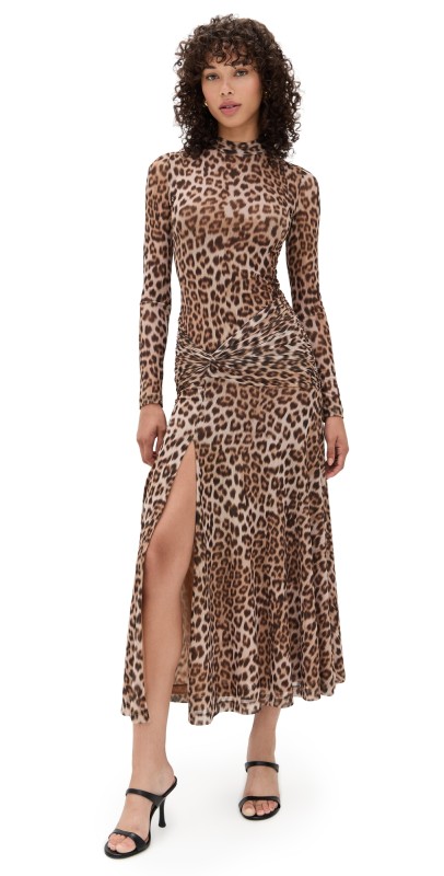 BARDOT Lea Printed Mesh Midi Dress B LEOPARD